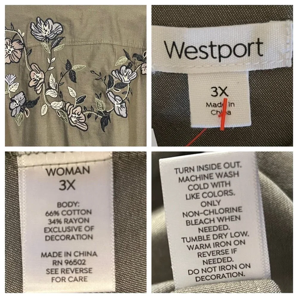NWT Westport Women 3X Button-Up Shirt Olive Embroidered Pockets Roll-Tab Sleeve - Picture 10 of 16